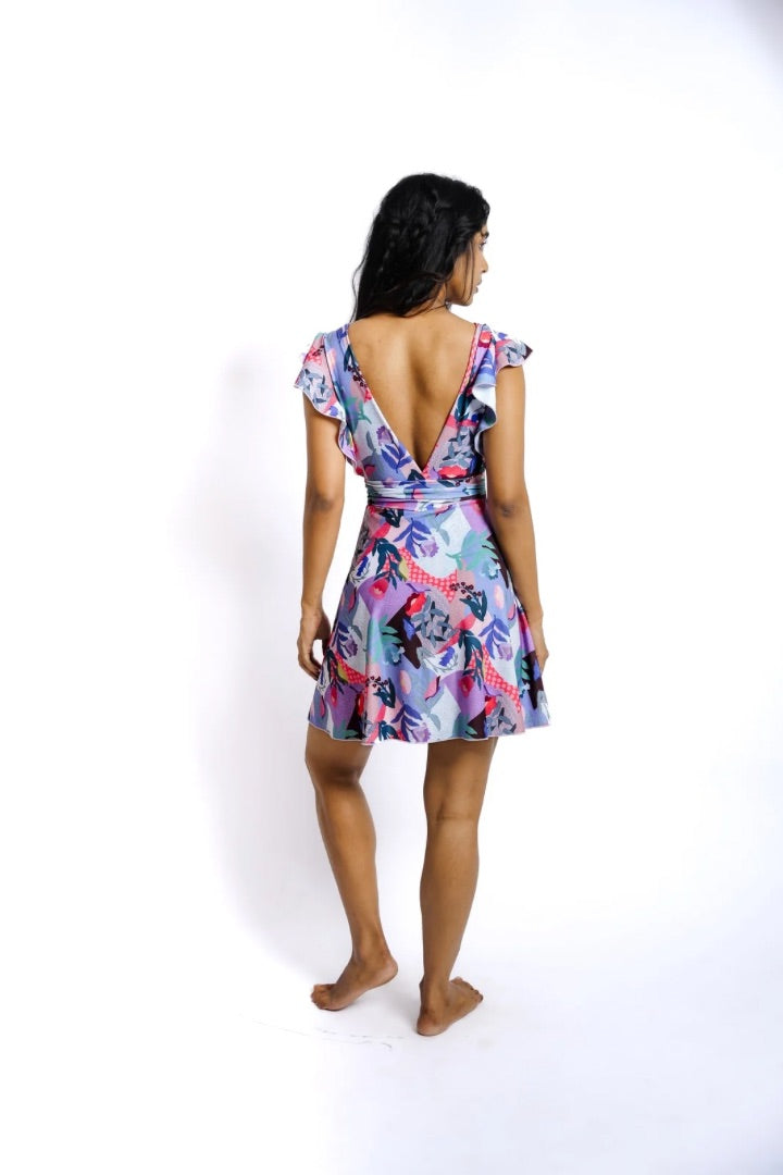 Printed Frock-Style Swim Suit with Wrap Top and Frill Sleeves