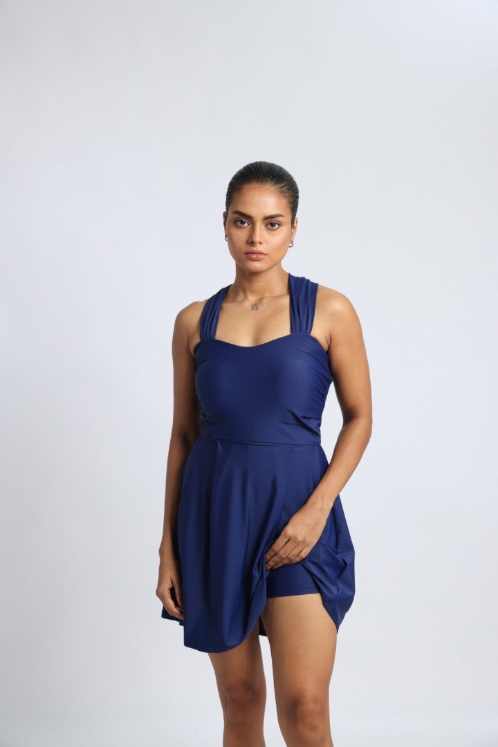 Navy Blue Classic Frock -Style Swimsuit with Shorts