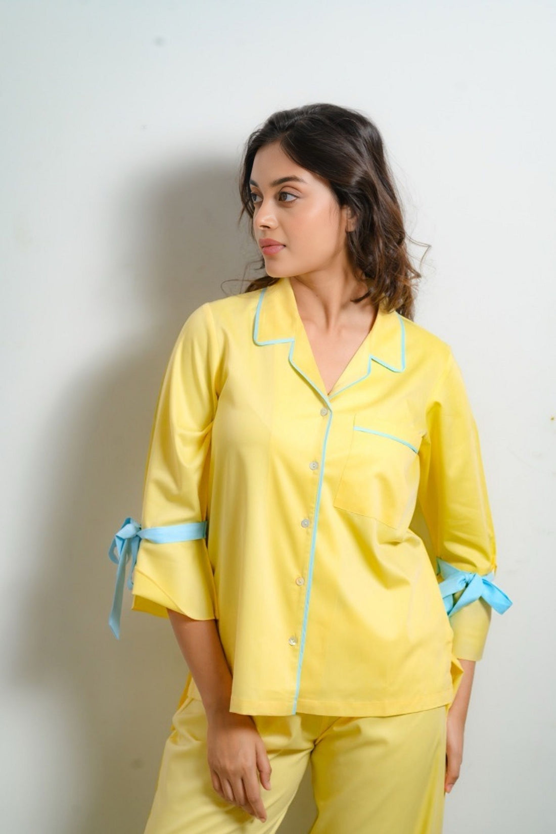 Yellow Cotton Night Suit with Blue Ribbon Details