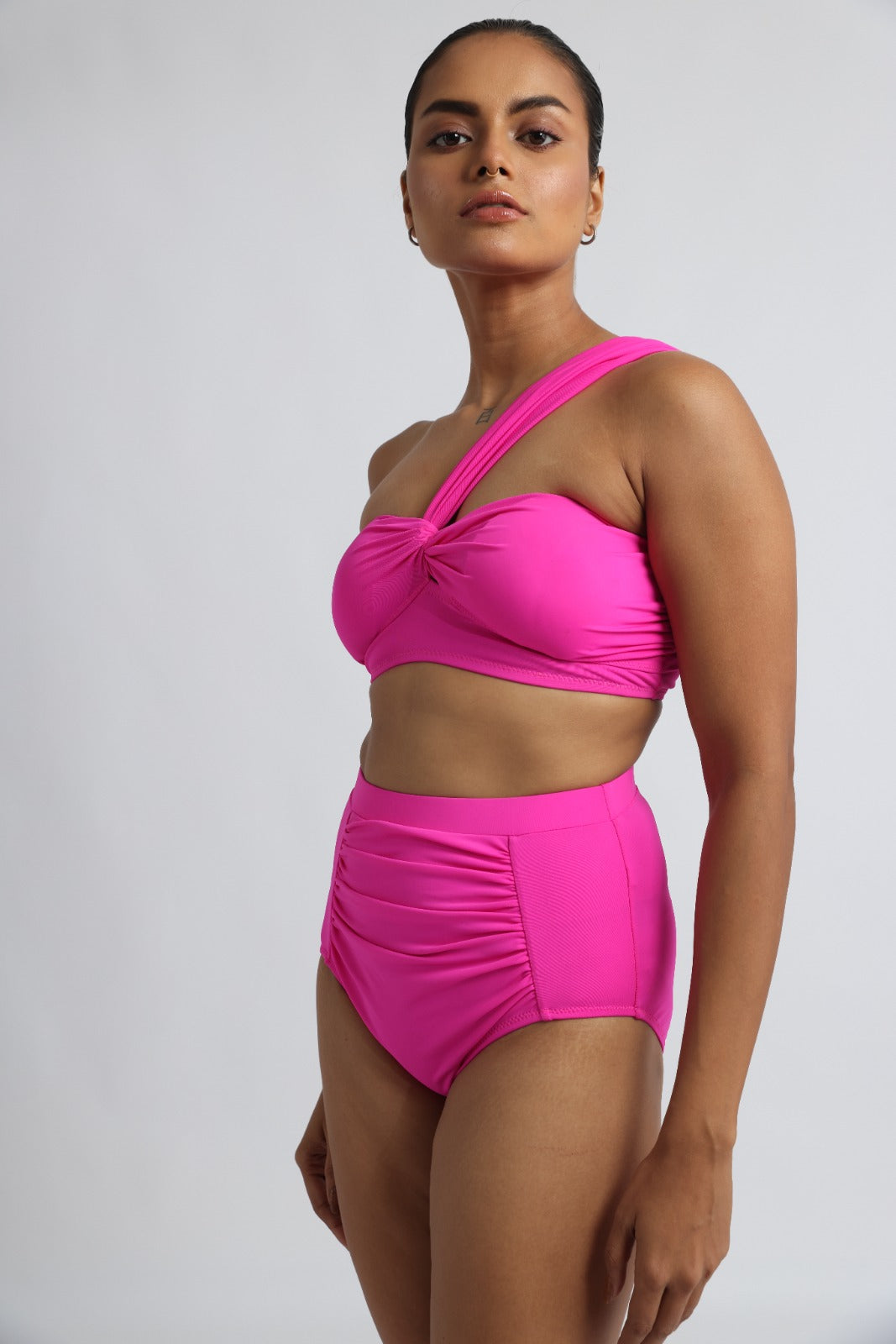 Hot pink one shoulder bikini set