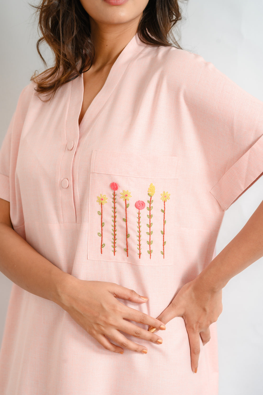 Hand-Embroidered Cotton Nighty with Floral Pocket Design