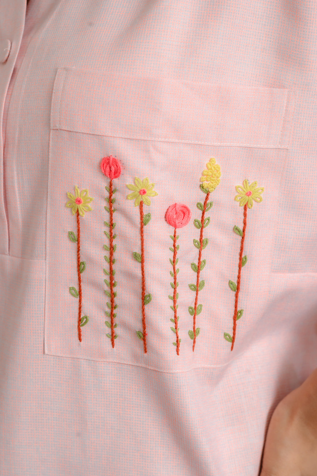 Hand-Embroidered Cotton Nighty with Floral Pocket Design