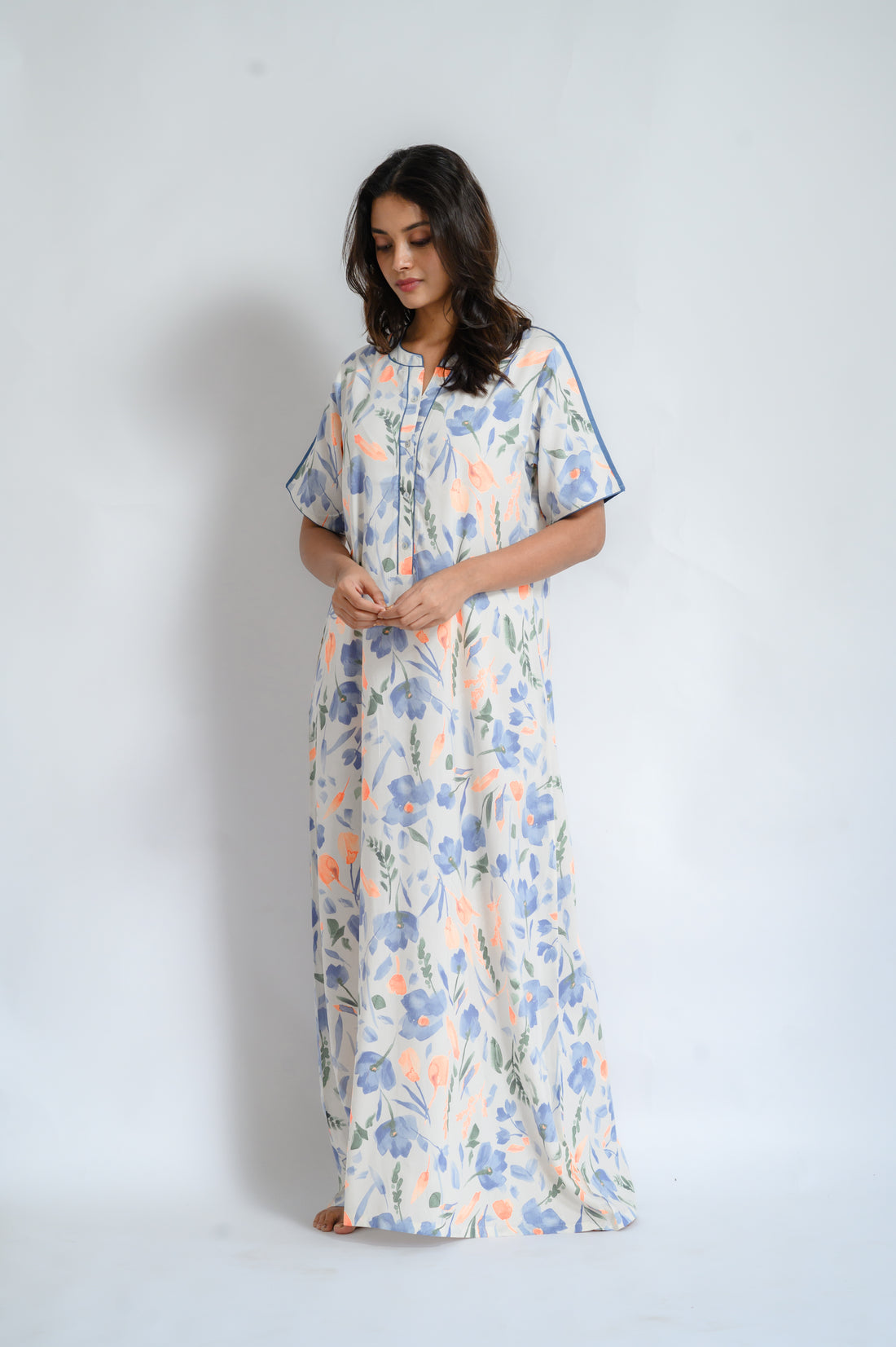 Rayon Cotton Floral Nighty with Elegant Piping Details