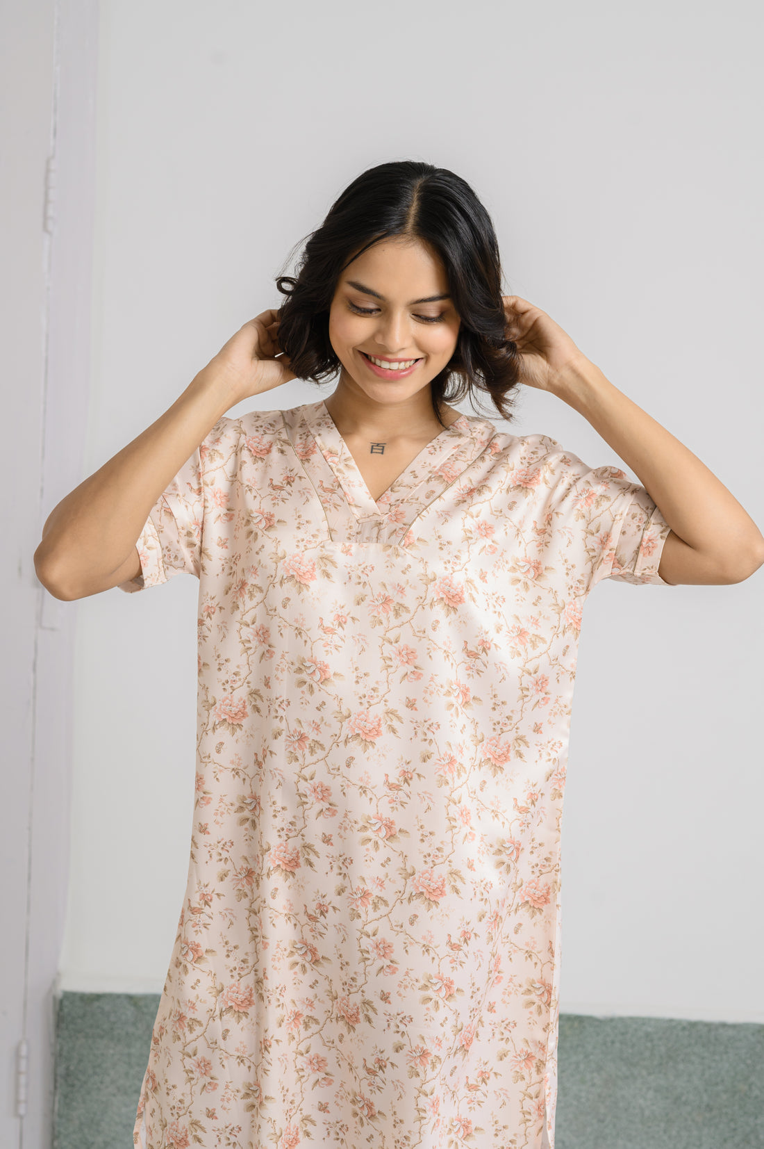 Boyfriend's Shirt Inspired: Beige Delicate Floral Print Short Nighty