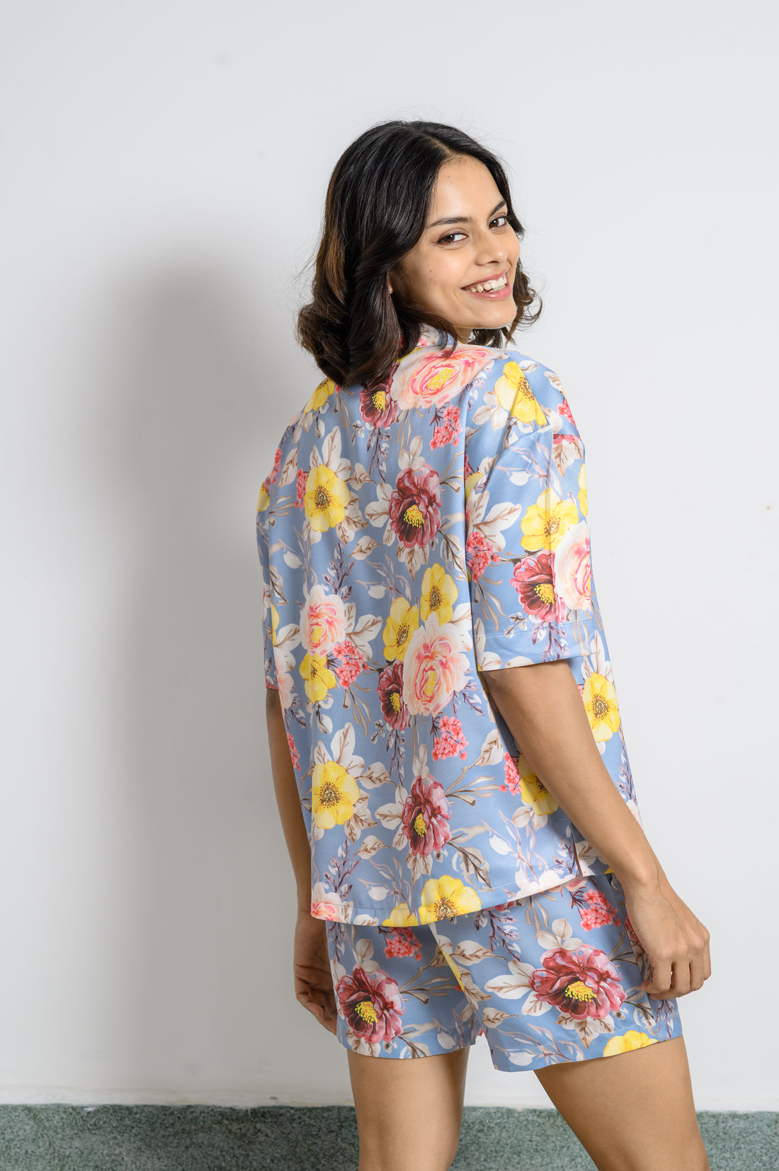 Tropical Elegance: Bright Floral Print Satin Night Suit Set
