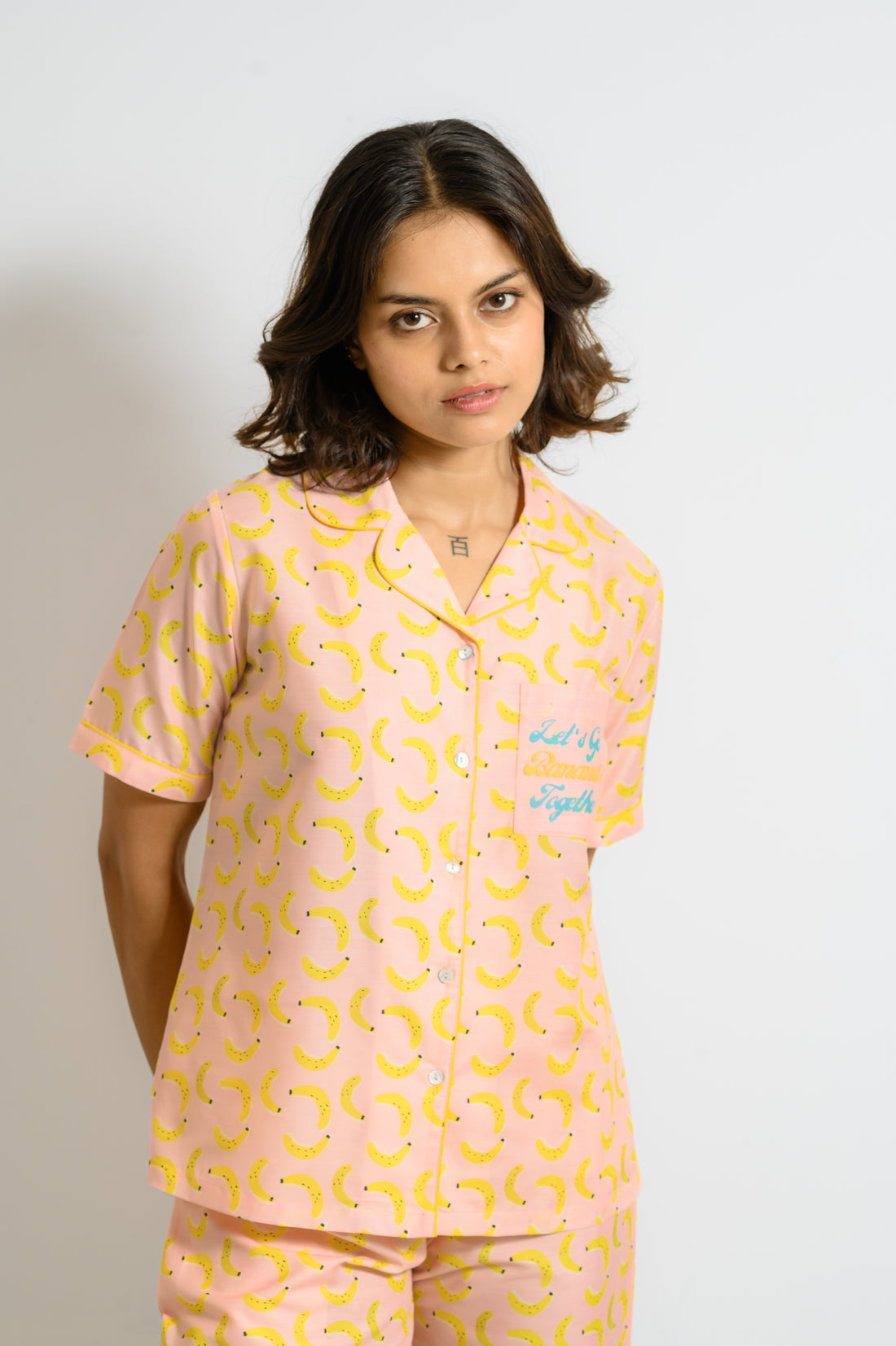 Baby Pink Banana Print Night Suit: Let's Go Bananas Together