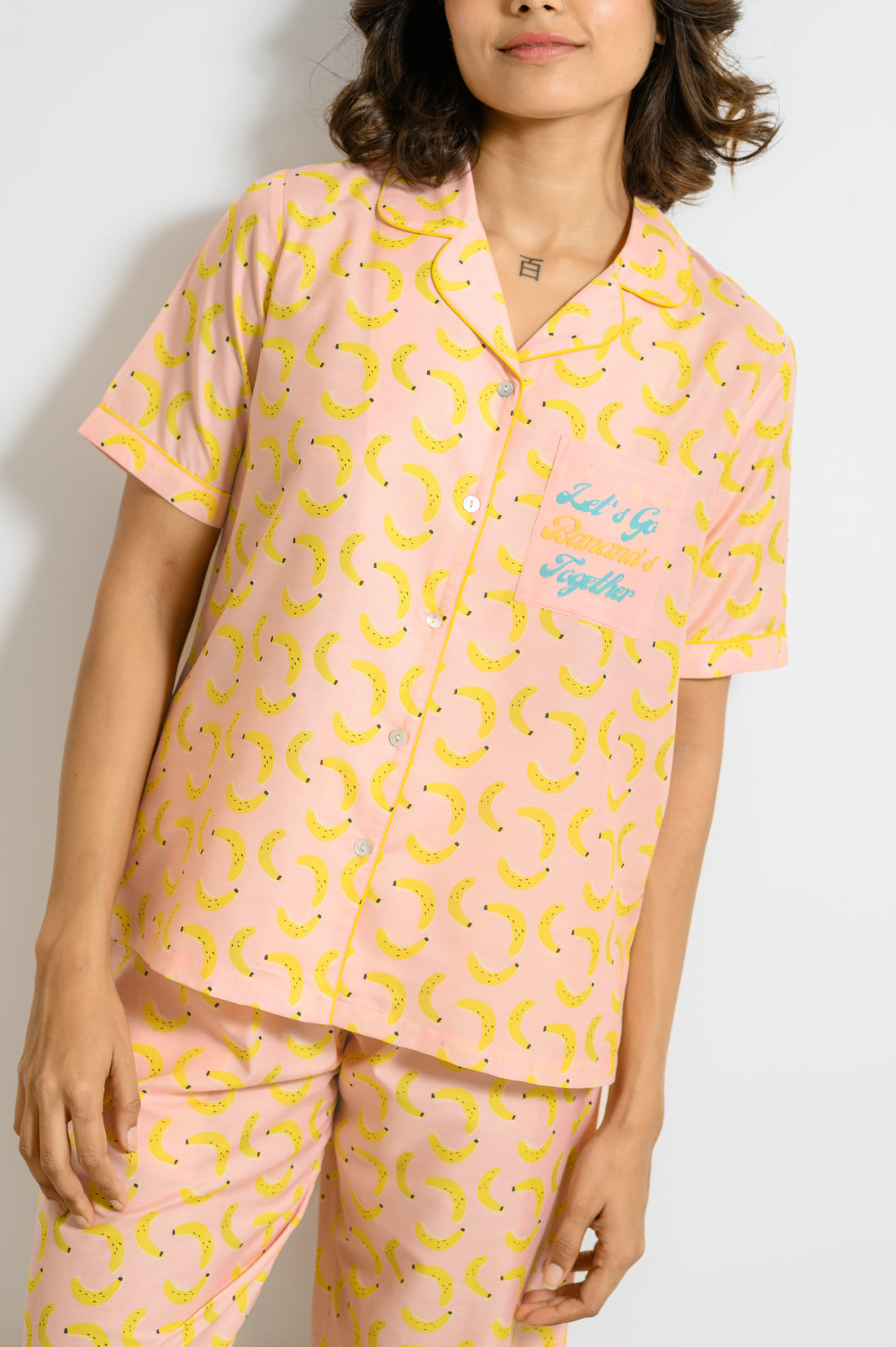 Baby Pink Banana Print Night Suit: Let's Go Bananas Together