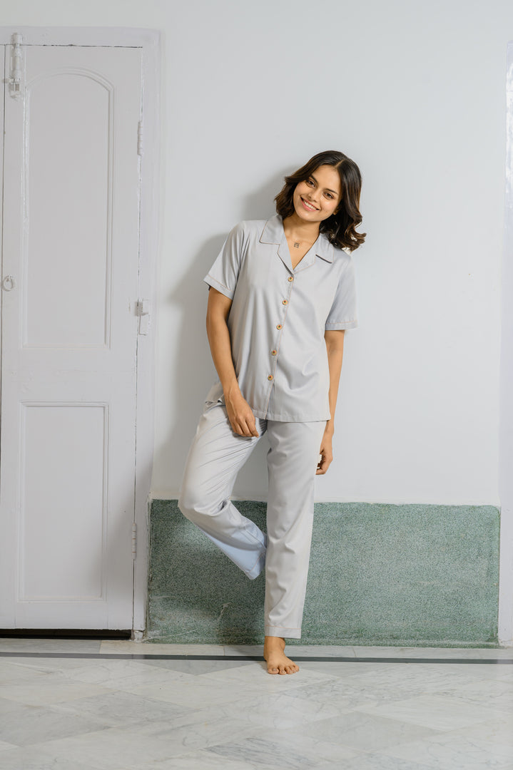 Experience Timeless Elegance with Our Grey Cotton Classic Style Pajama Set