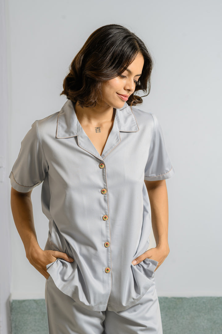 Experience Timeless Elegance with Our Grey Cotton Classic Style Pajama Set