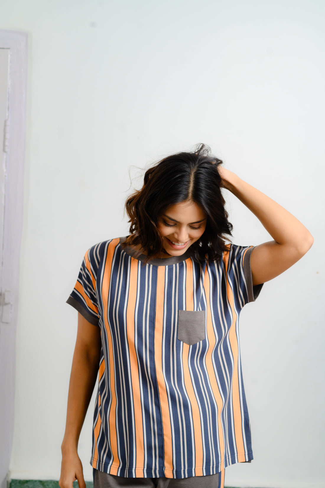 Striped Rayon Pajama Set With Hoisery Fabric