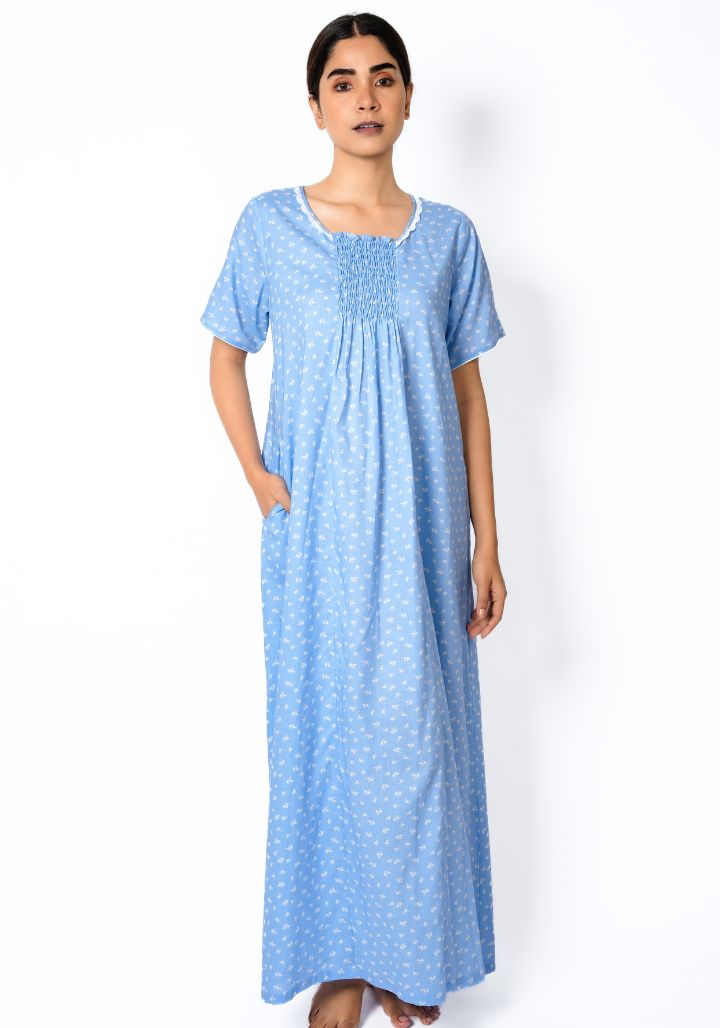 Cotton Nighty with Gather and Lace Neckline