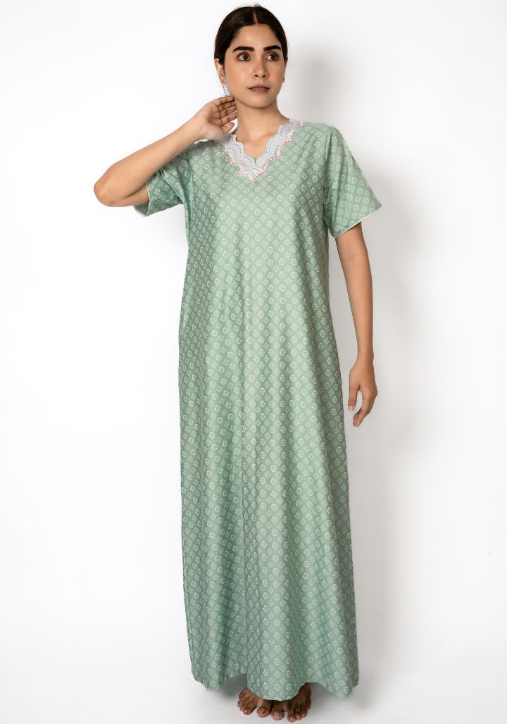 Long Cotton Nighty with Lace and Embroidered Neckline