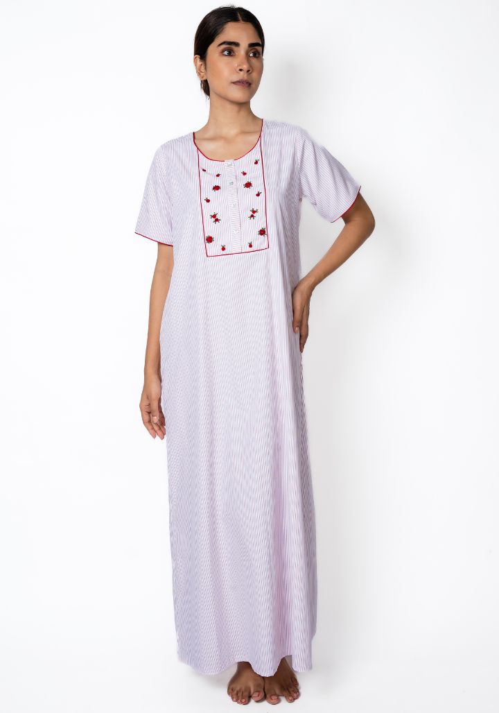 Hand-Embroidered Cotton Nighty with Yoke Details – Lightweight & Comfortable