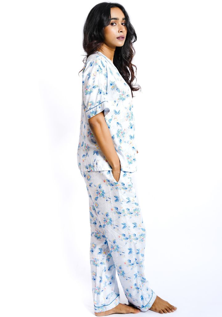 Printed Rayon Cotton Night Suit with Piping Details