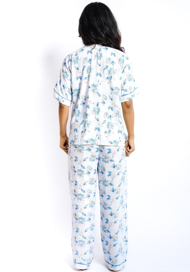 Printed Rayon Cotton Night Suit with Piping Details