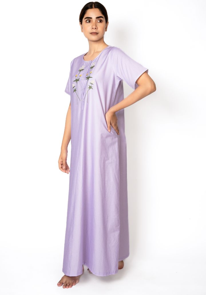 Embroidered Cotton Nighty with Satin piping in Neck Line