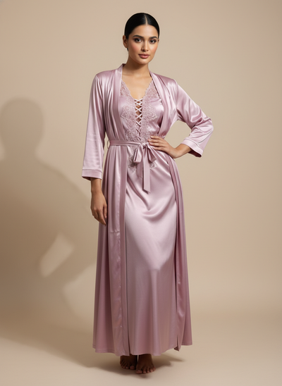 Bridal Lace Detailed Satin Gown Set
