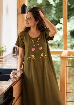 Olive - 100% Spun Cotton nighty