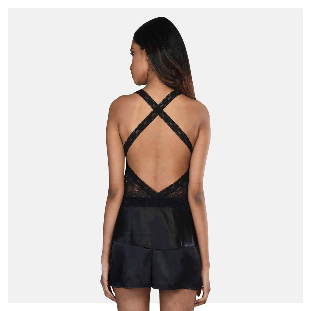 Luxorious Low Back Top and Shorts paired with a Black Gown