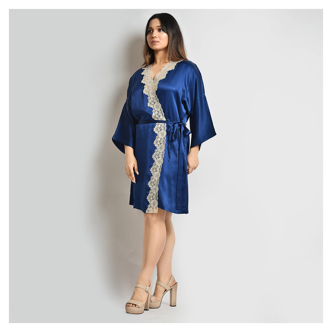 Luxurious Midnight Blue Silk Short Robes for Women