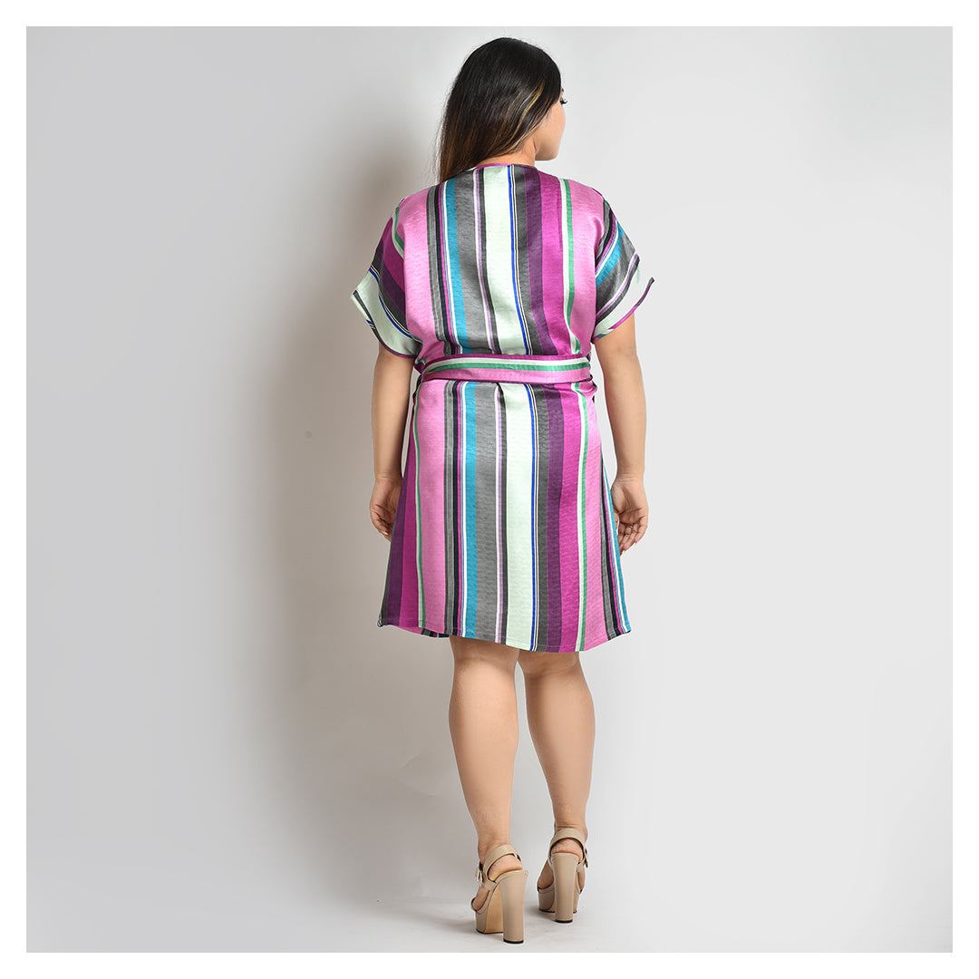 Woman Multi Stripe Print Short Silk Robe