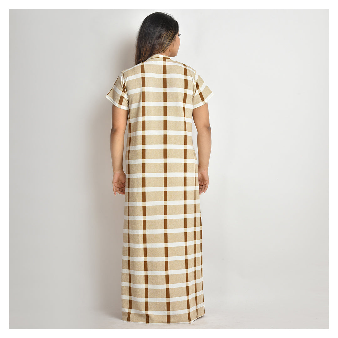 Women Off White Check Style Jersey Hand Embroidery Nighty