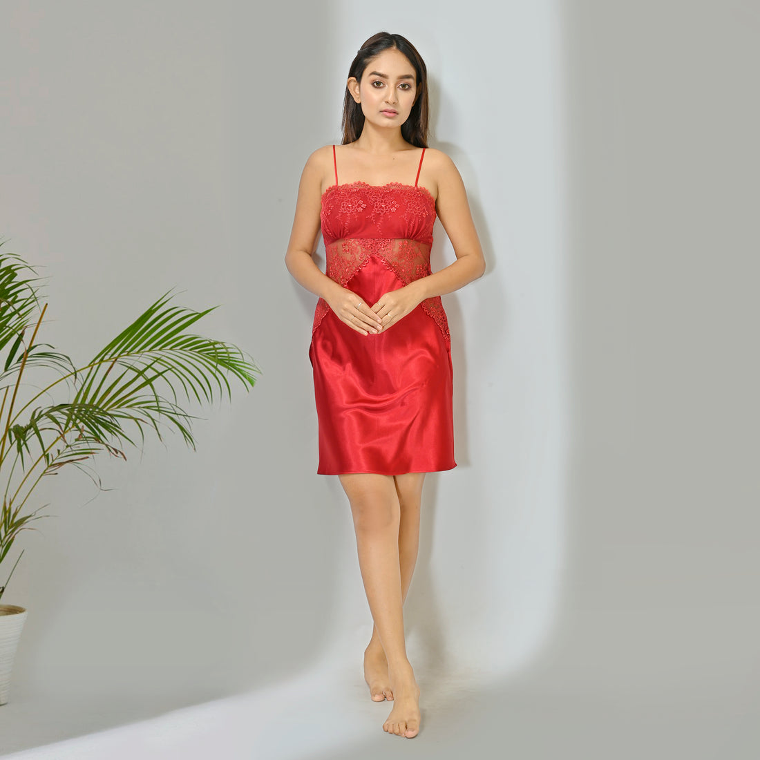 Maroon Korean Satin Spaghetti Strap Lace Trim Short Nightgown for Women
