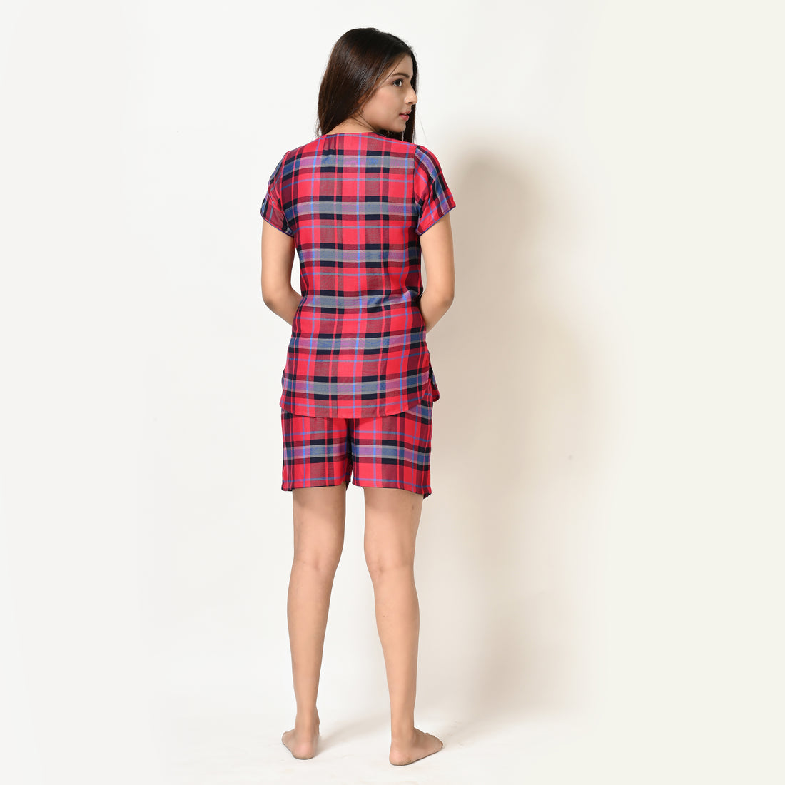 Women Red And Blue Checks Top and Short Cotton Rayon Nightwear Set