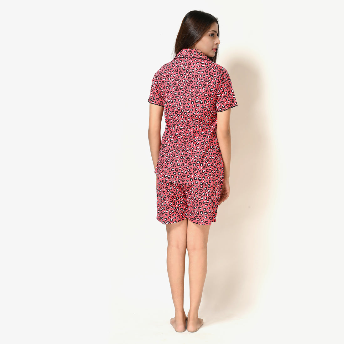 Women's Pink Leopard Print Co-ord Shorts Set