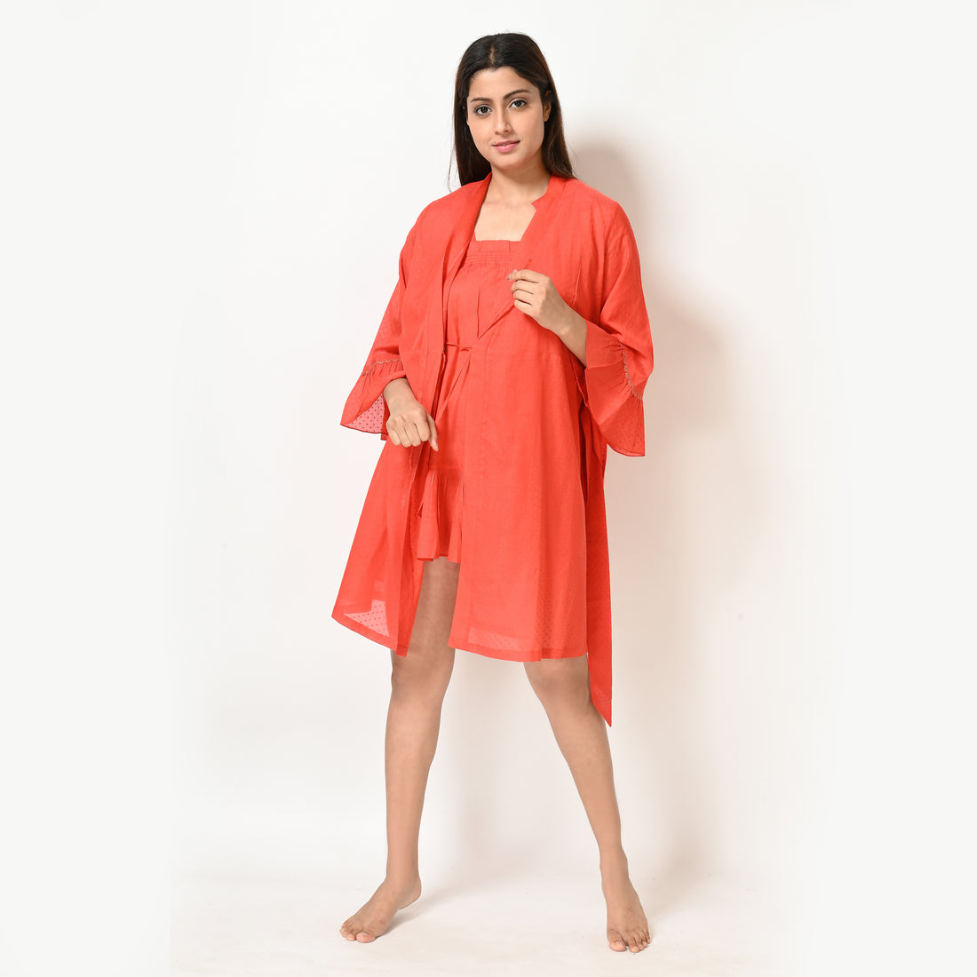 Stylish Women's Orange Polka Dot Short Gown and Spaghetti Strap Nightwear Set