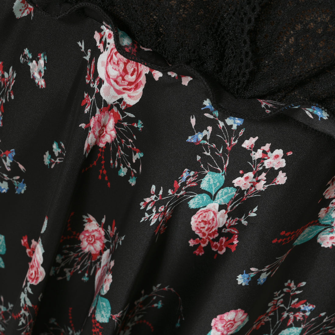 Chic Black Floral Satin Short Nightgowns for Women - Elegant Matte Finish Prints