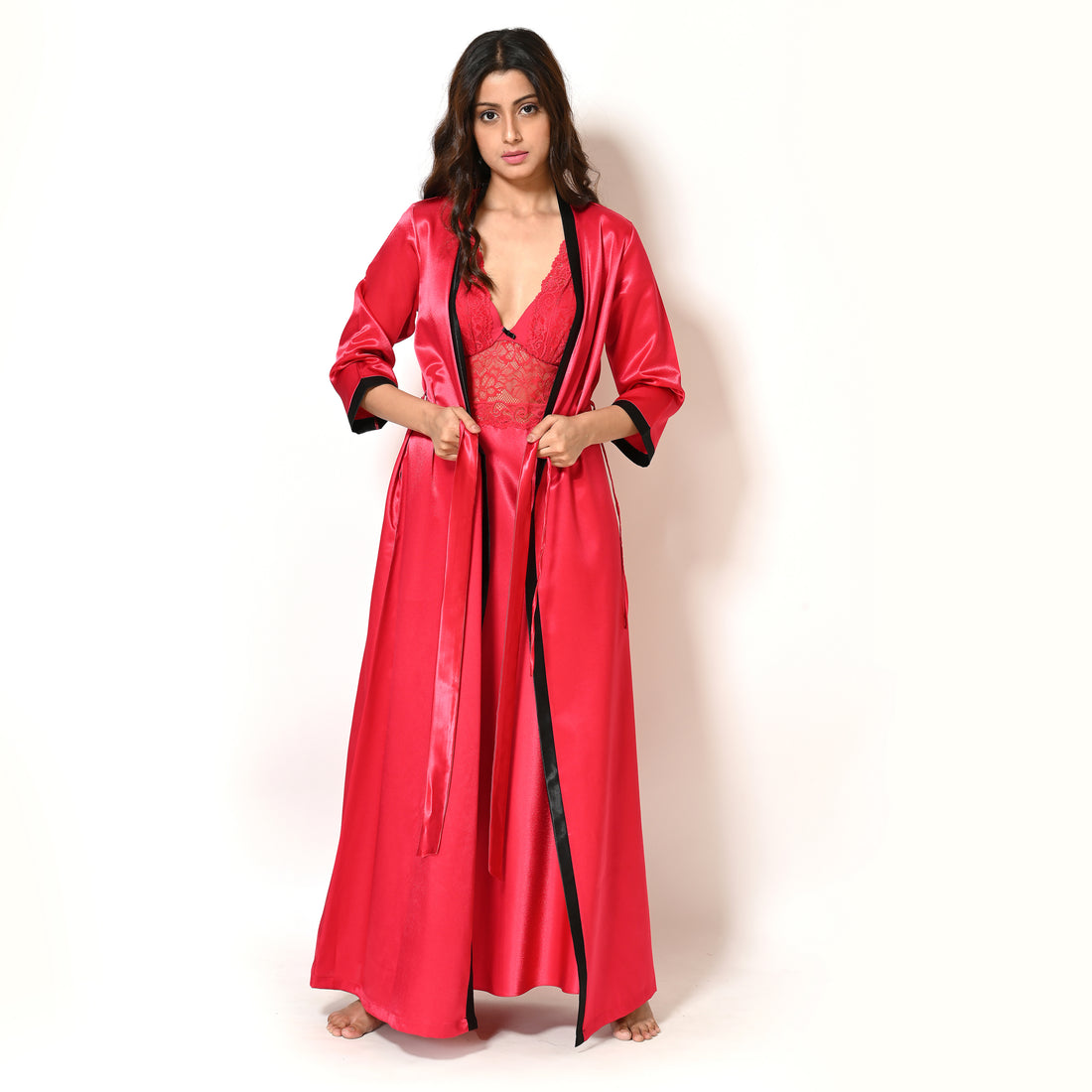 Stunning Red Satin V-Neck Bridal Nightgown Set with Lace