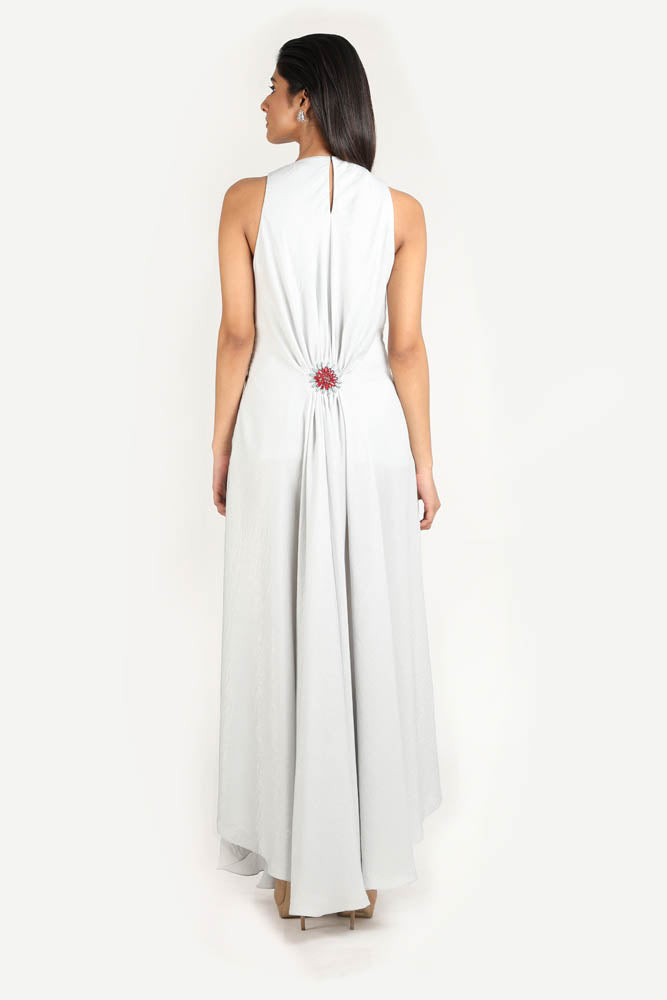 Women Light Grey Waist Clenched Sleeveless Dress