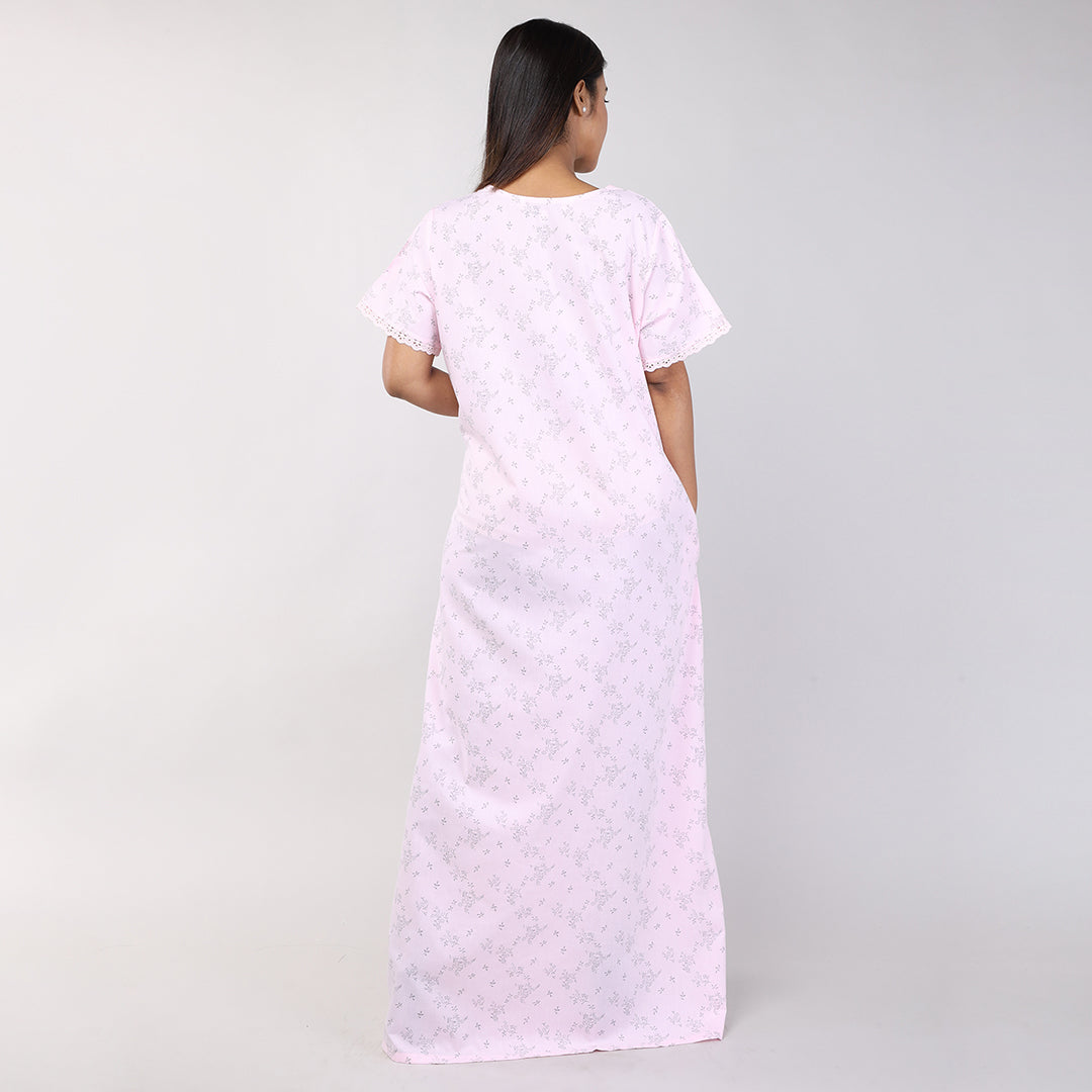 Women Pink Floral Cotton Cambric Nighty