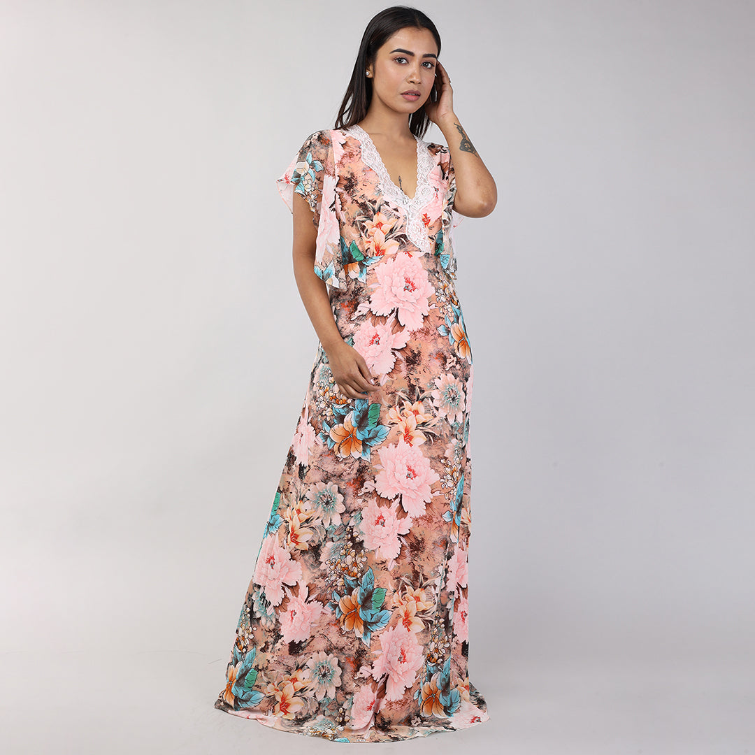 Women Peach Floral Print Double Layered Gorgette Nighty