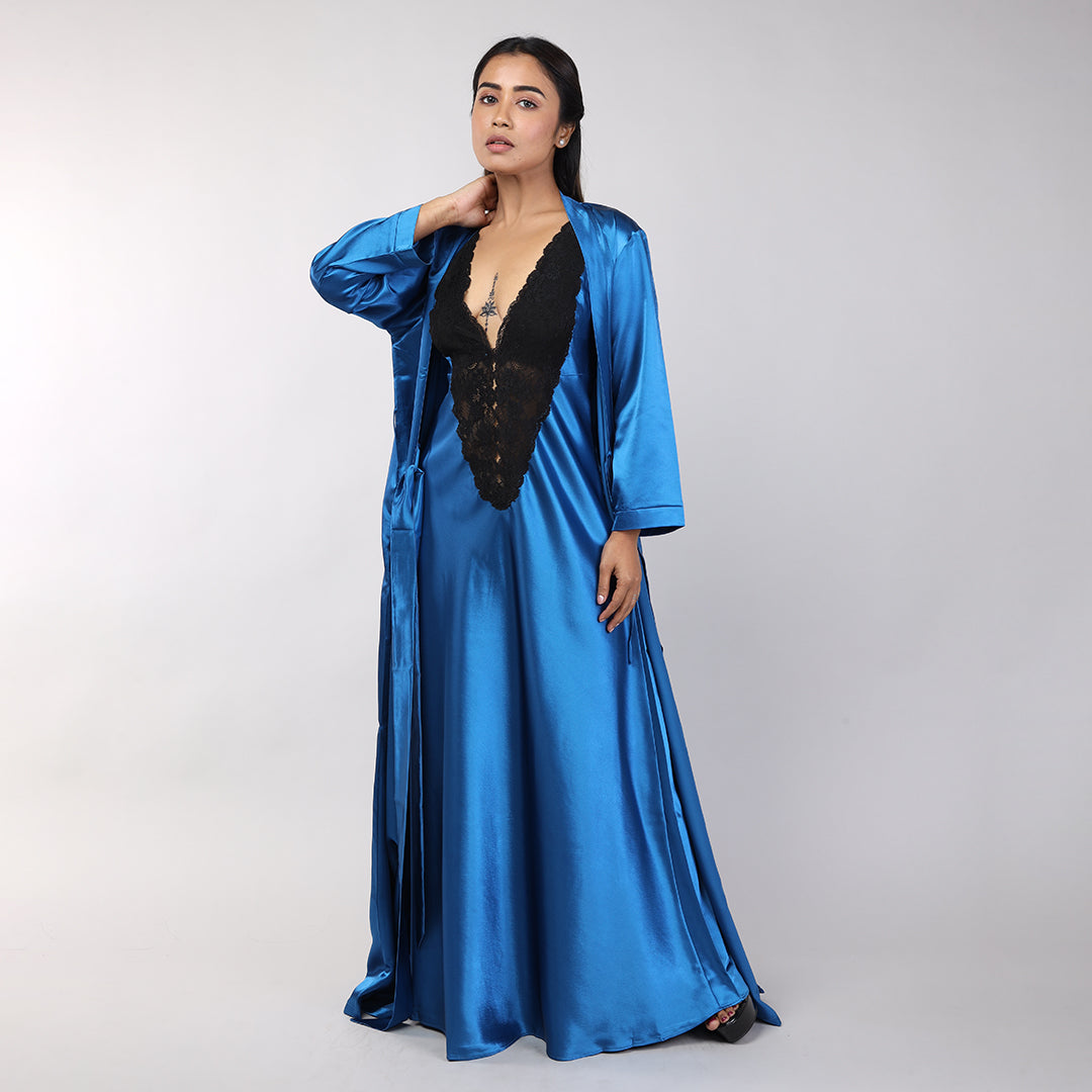 Teal Blue Satin Women's Bridal Nightgown Set