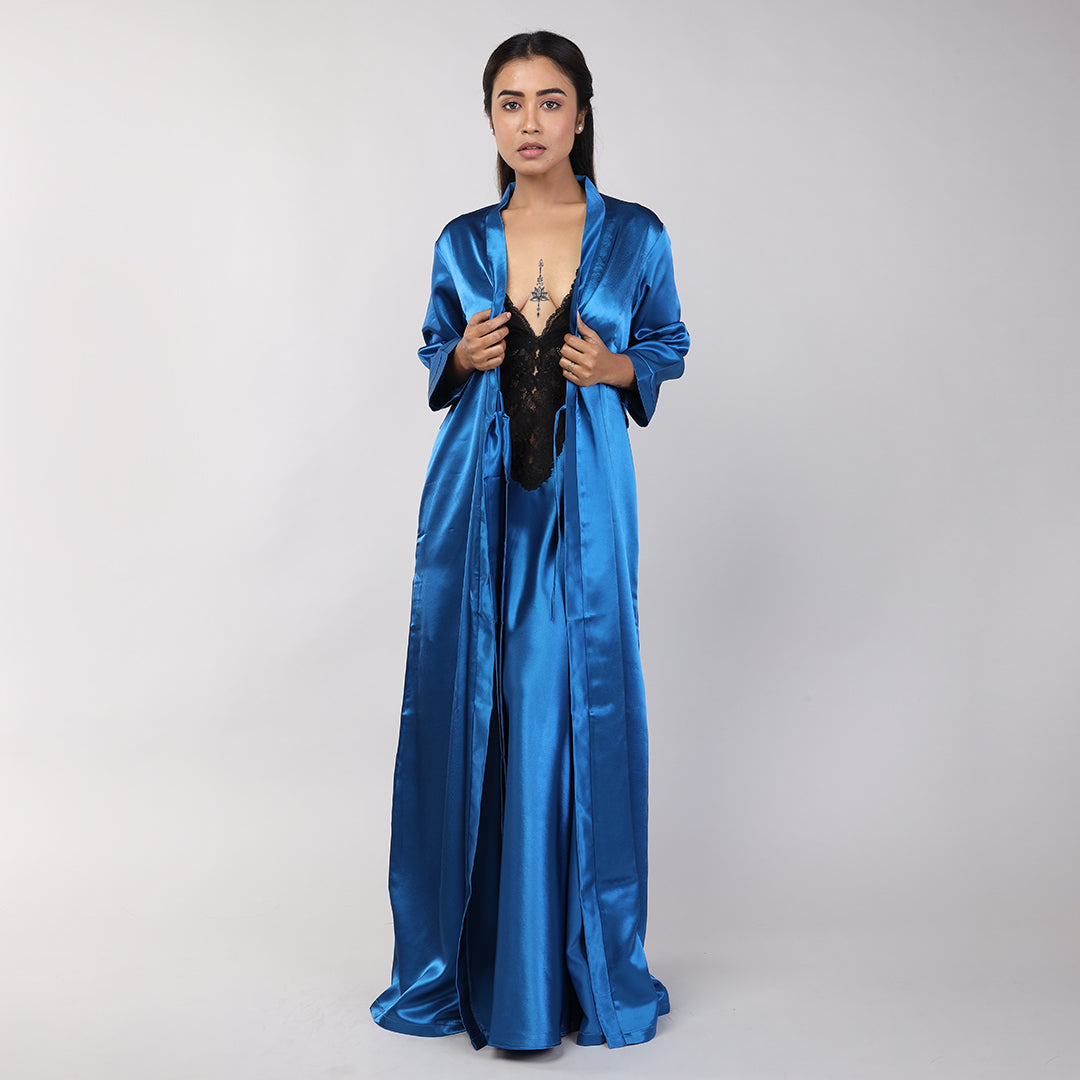 Teal Blue Satin Women's Bridal Nightgown Set