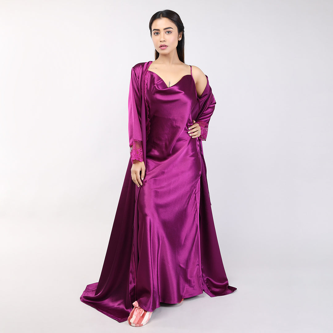 Purple Satin Bridal Nighty Gown Set for Women