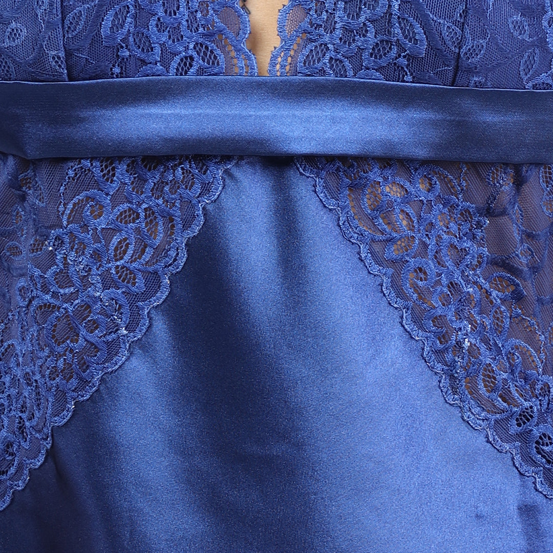 Chic Navy Blue Satin Bridal Shorts Set With Elegant Lace Detailing For Women