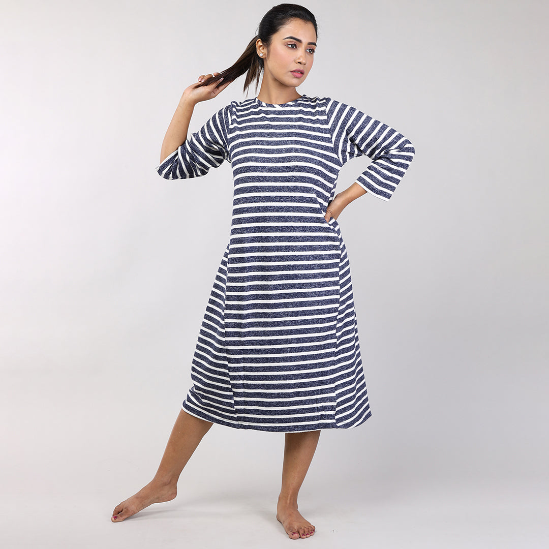 Navy Blue Striped Knitted Winter Nightshirt for Women