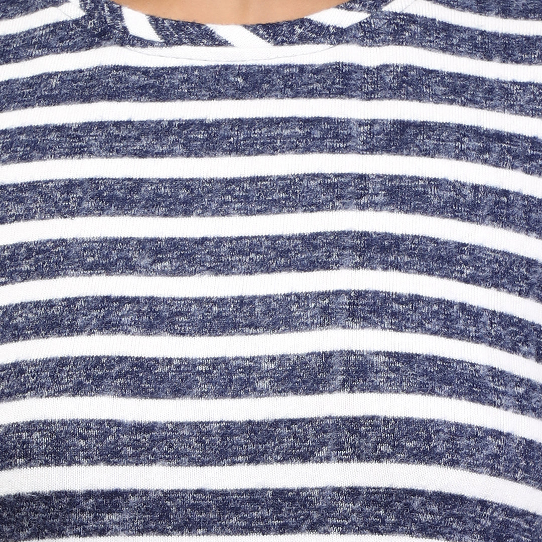 Navy Blue Striped Knitted Winter Nightshirt for Women