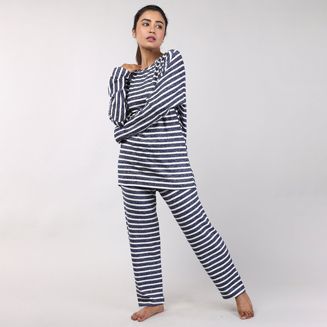 Women Navy Blue Cotton Jersey Top And Pyjama Set