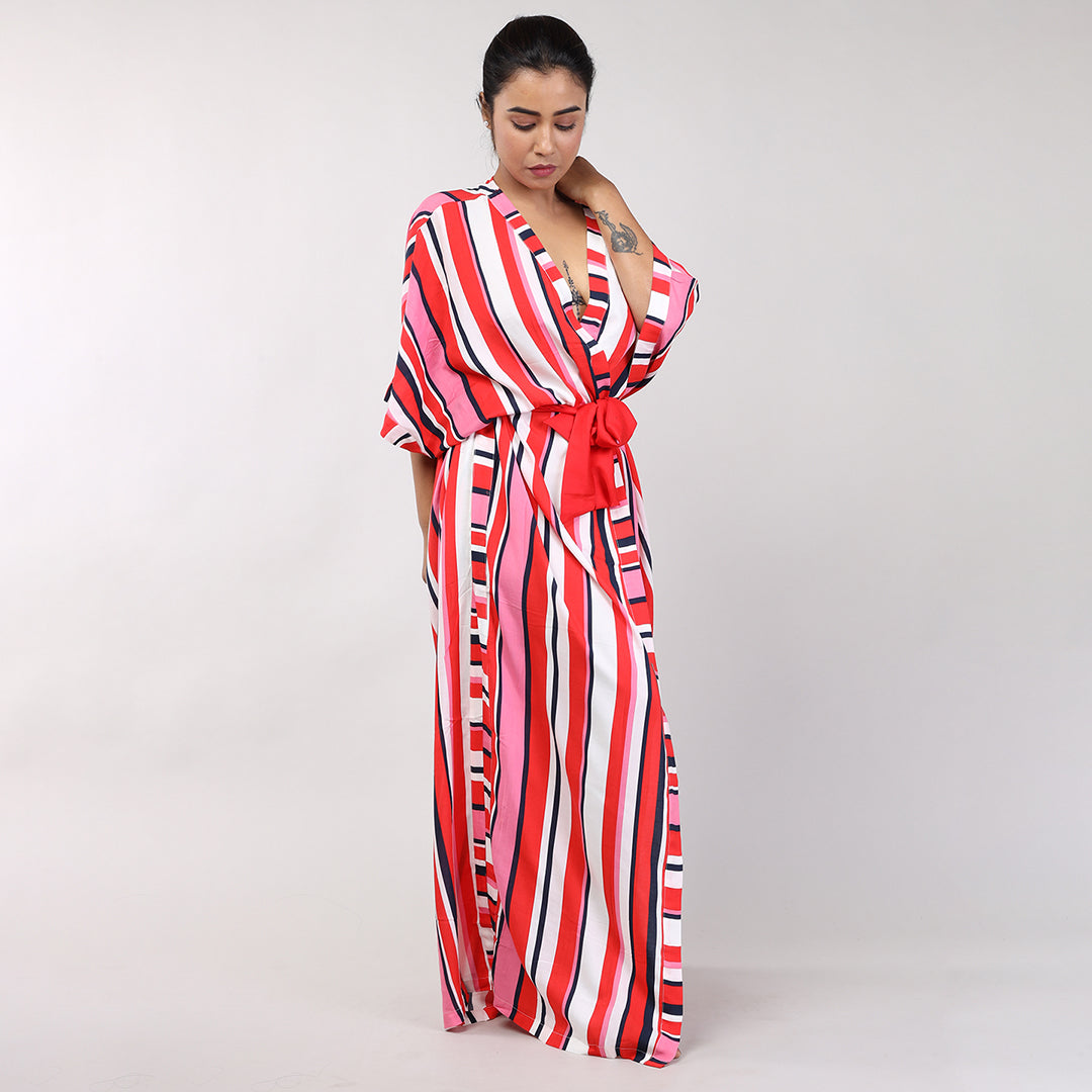 Women Multi-Colour Stripe Rayon House Coat