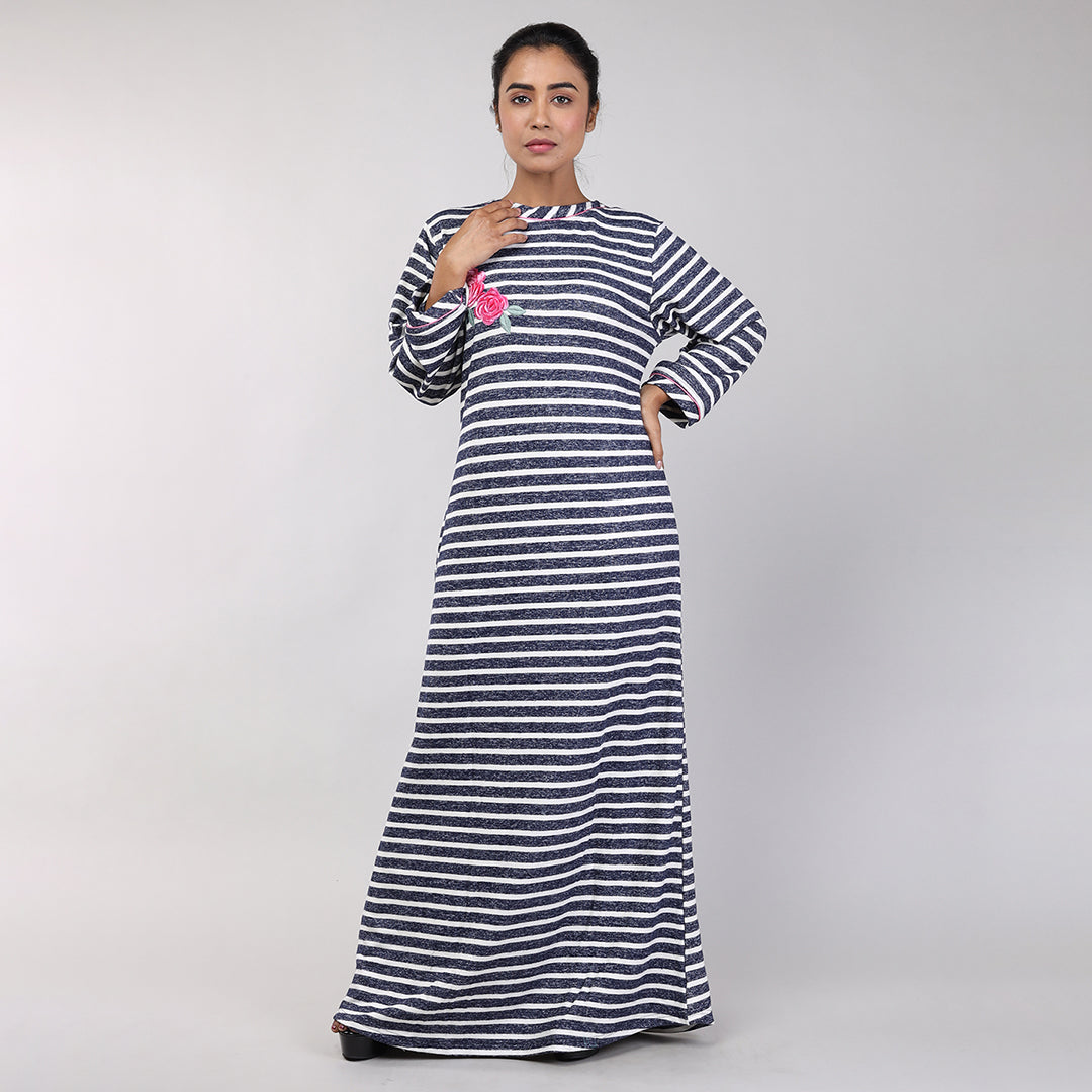 Women Navy Blue Stripes Machine Embroidery Knitted Winter Nighty