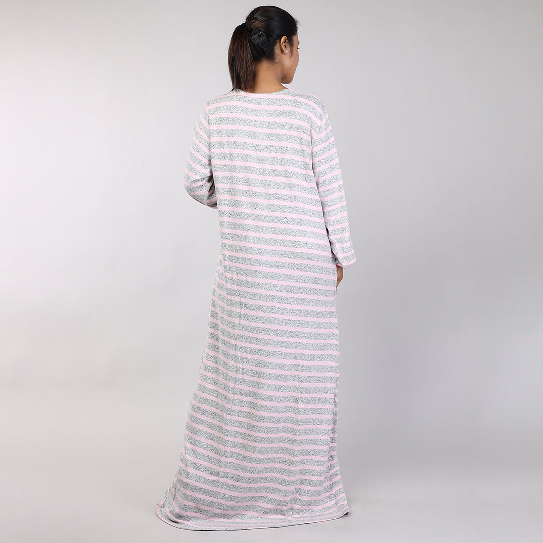 Women Pink Stripes Hand Embroidery Knitted Winter Nighty