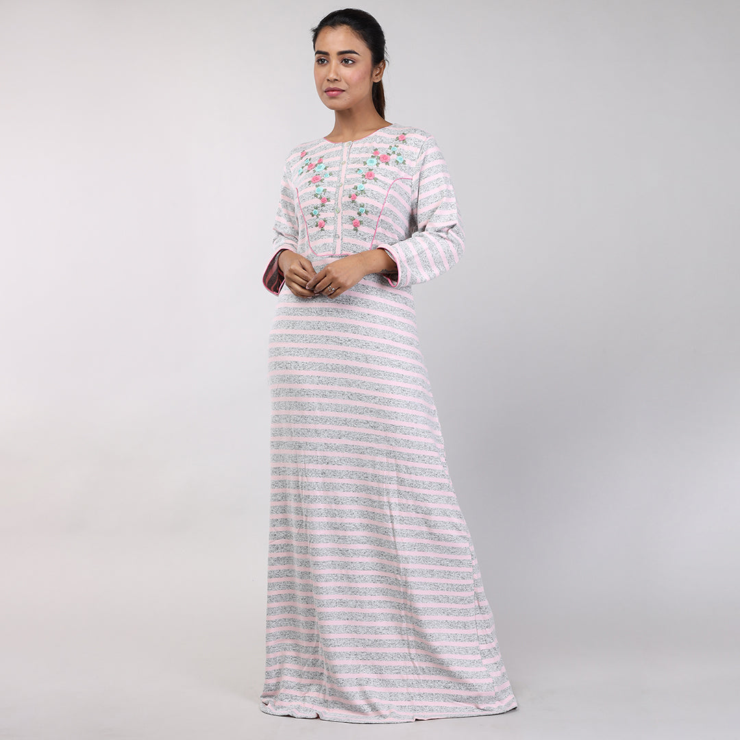 Women Pink Stripes Hand Embroidery Knitted Winter Nighty