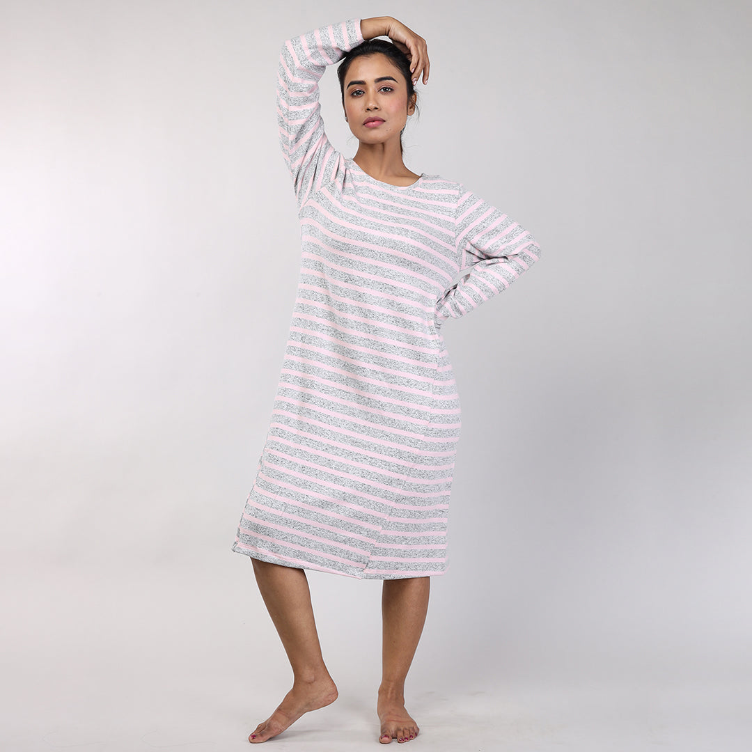Pink Striped Knitted Women's Winter Nightshirt Cozy & Comfortable