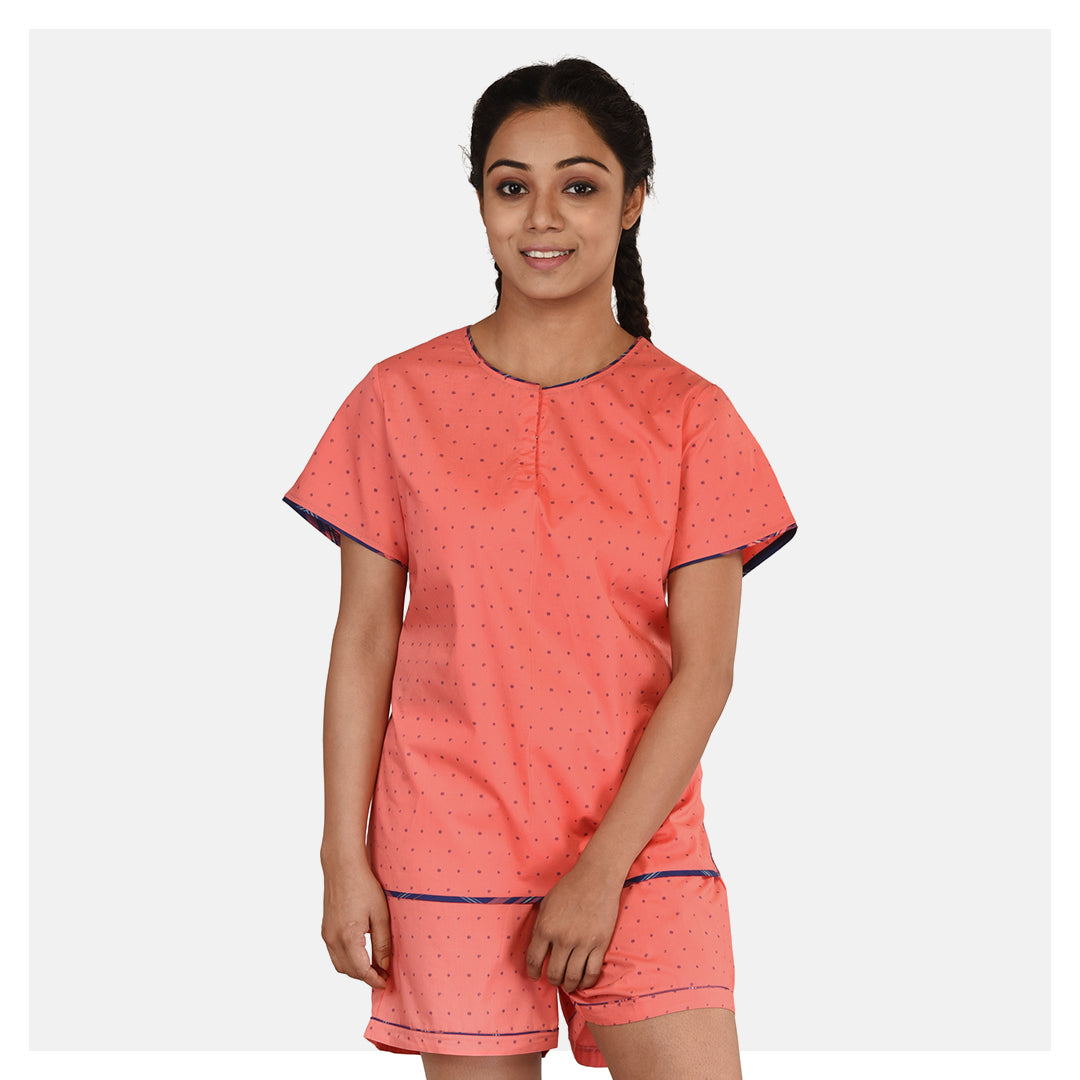 Stylish Women's Orange Cotton Shorts Set with Peachy Polka Dots